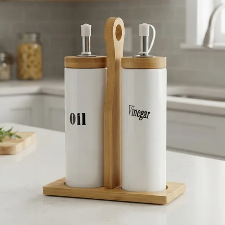 Distributeur de vinaigre d'huile avec support en bambou