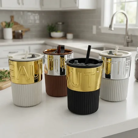 Mug avec couvercle en plastique et paille