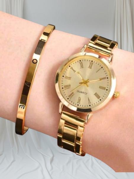 2 pièces Ensemble de montre à quartz et bracelet pour femmes - Style décontracté avec chiffres romains,