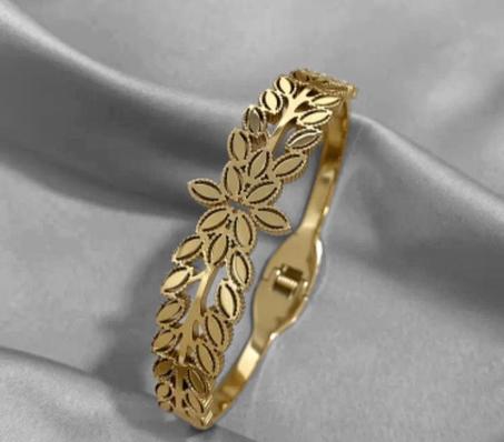 Bracelet en acier inoxydable avec motif de feuilles, style glamour