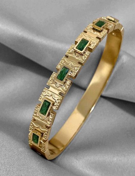 Bracelets Vintage en Acier Inoxydable avec Zircon Vert Incrusté de Forme Rectangulaire