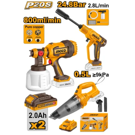 PACK 3 آلات من INGCO 20V – رشّ، مكنسة، منظّف ضغط عالي