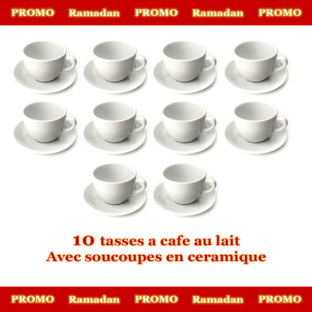 Pack de 10 tasses a cafe au lait avec soucoupes en ceramique