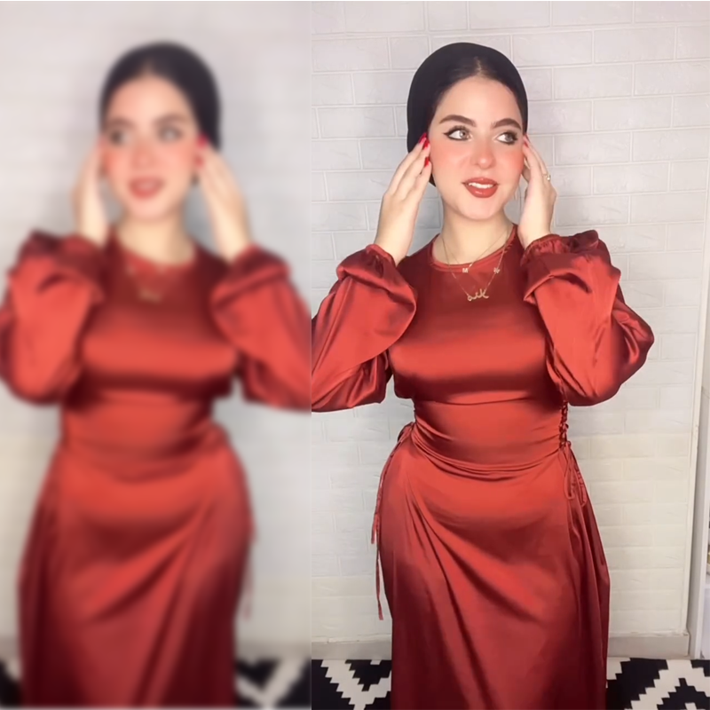 فستان ستان حزامين من الجنب