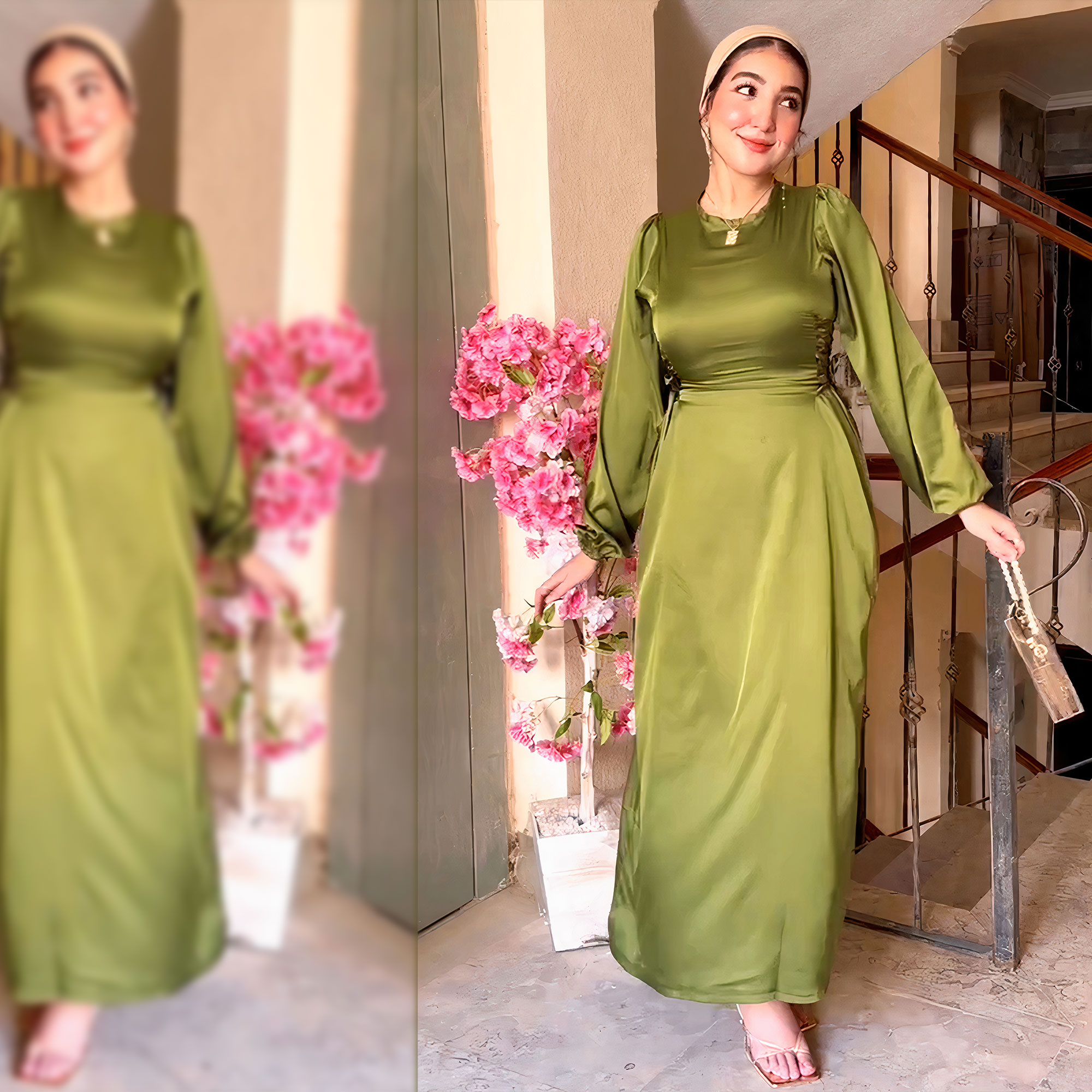 فستان ستان حزامين من الجنب