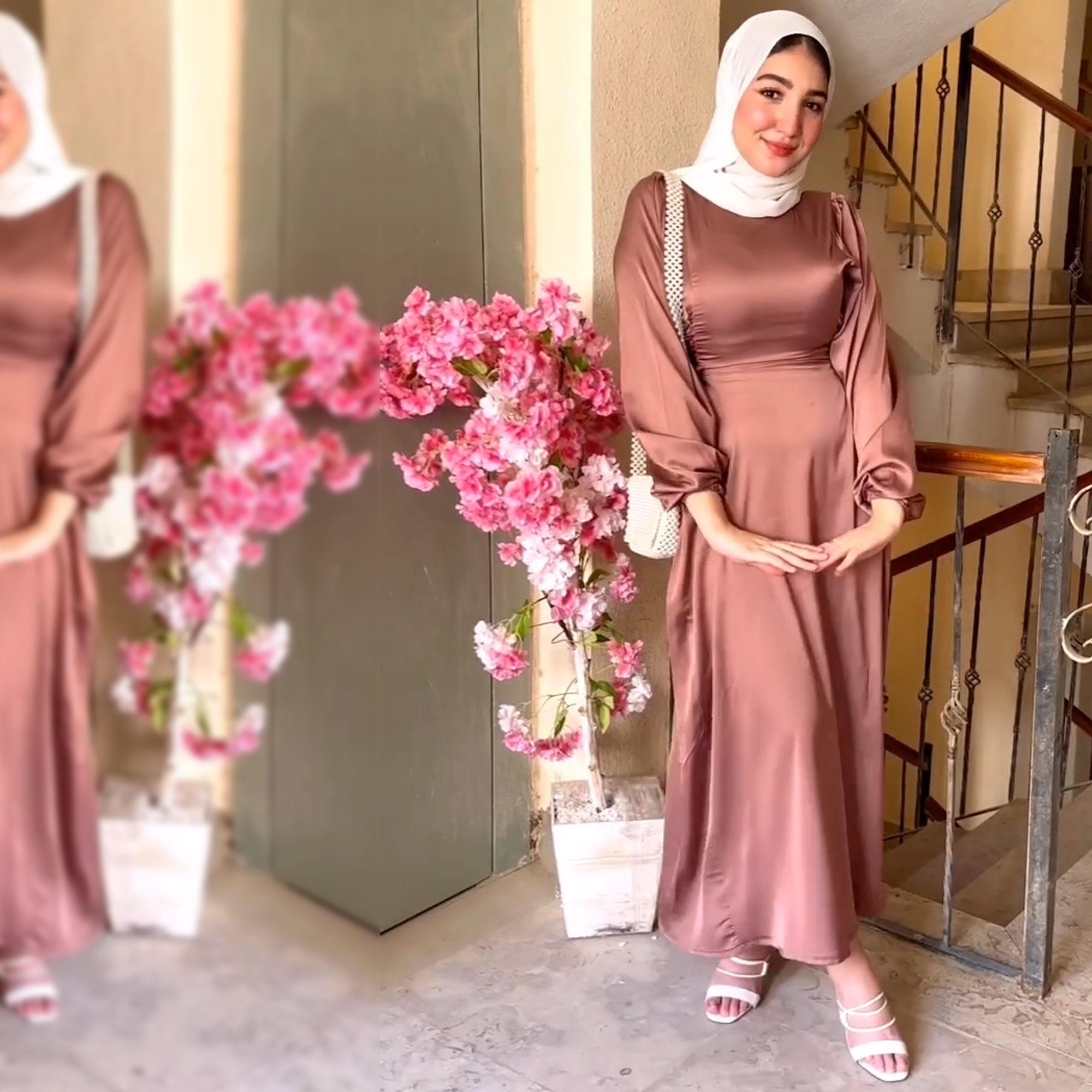 فستان ستان حزامين من الجنب