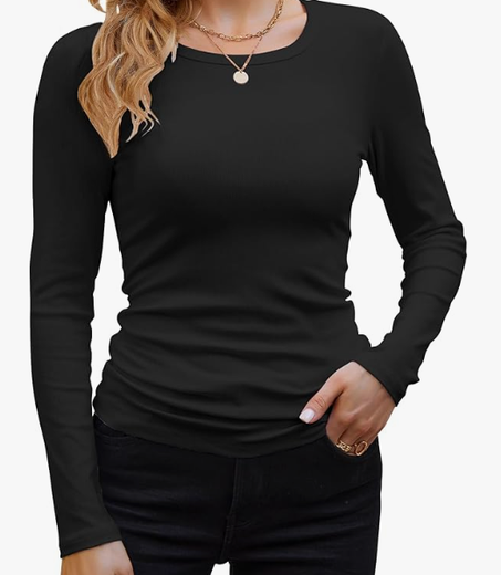 تيشيرت نسائي ضيق بأكمام طويلة – تصميم مضلع كلاسيكي برقبة دائرية – أنيق ومريح للمظهر اليومي