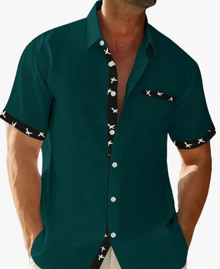 قمصان رجالية بأزرار - صيفية بأكمام قصيرة، قميص هاواي، كاجوال للأعمال، قماش ويفل مقاوم للتجاعيد