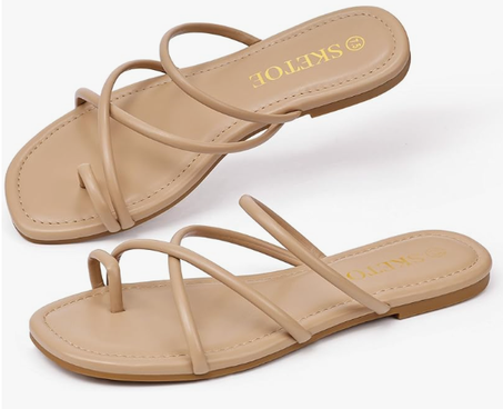 صنادل نسائية بشرائط – مقدمة مربعة مفتوحة، صنادل فليب فلوب مريحة، مسطحة، بحلقة إصبع وتصميم عصري