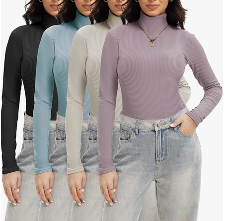 بلوزات نسائية برقبة عالية بأكمام طويلة – تصميم ضيق ومرن، أساسي وأنيق لفصل الخريف والشتاء (قطعة/4 قطع)