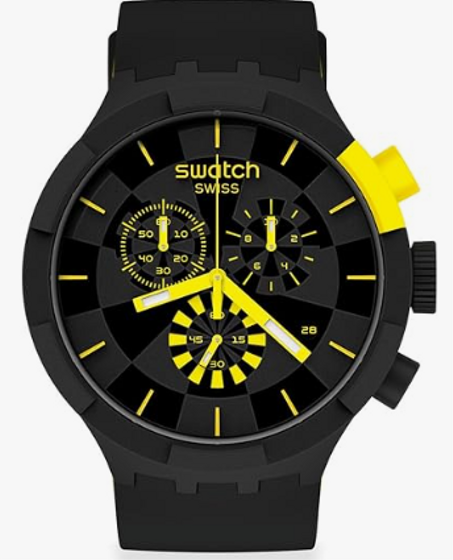 ساعة كاجوال رجالية Swatch بسوار سيليكون أسود ولمسات صفراء – موديل SB02B403