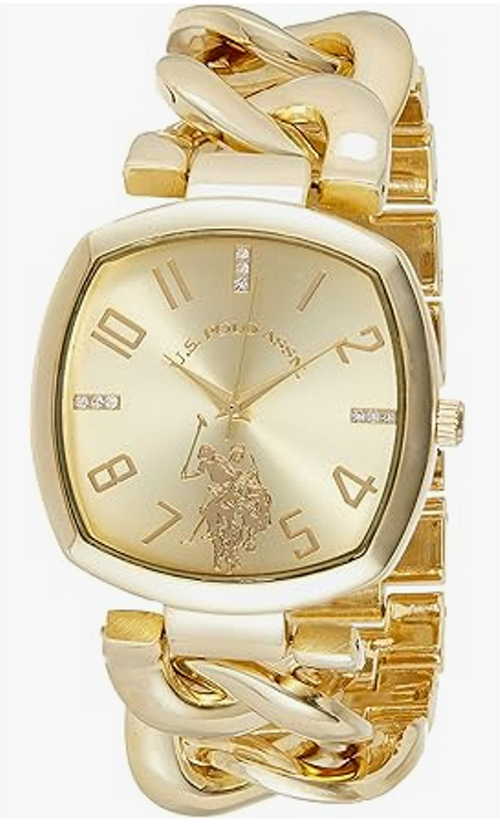 ساعة معصم نسائية من U.S. Polo Assn. بسوار سلسلة باللون الذهبي – علبة مربعة مقاس 38 مم، ميناء مزين بالأحجار اللامعة، سوار قابل للتعديل، ساعة كوارتز أنيقة للفساتين مع علبة هدايا.