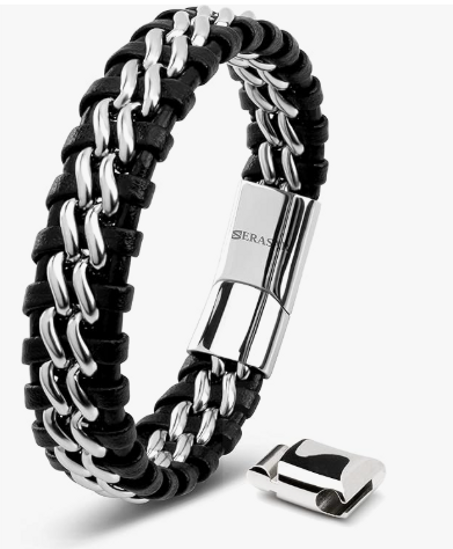 سوار SERASAR | مصنوع من الجلد الطبيعي الفاخر للرجال – بلون أسود | إغلاق مغناطيسي من الفولاذ المقاوم للصدأ بألوان الأسود، الفضي والذهبي | علبة مجوهرات فاخرة | هدية مثالية