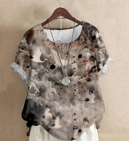 بلوزات صيفية نسائية بطبعة يابانية - تيونيك واسعة بمقاسات كبيرة، بياقة مستديرة، أكمام قصيرة، مزينة بالزهور والطيور