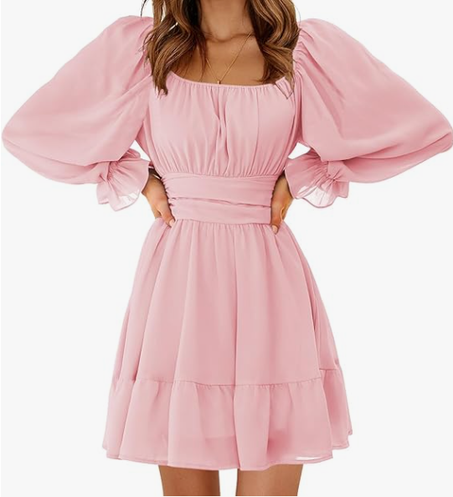 فستان نسائي EXLURA 2025 كاجوال بأكمام فانوس طويلة، ياقة مربعة، كشكش، رباط خلفي، خصر مطاطي، فستان قصير بقصة A