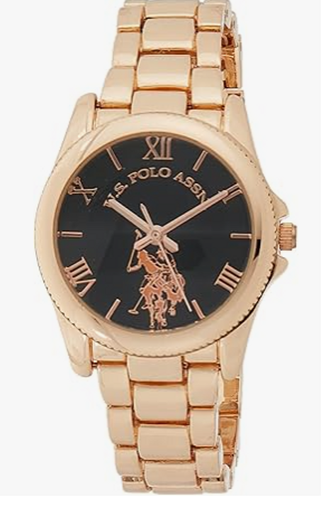 ساعة نسائية من U.S. Polo Assn. بلون ذهبي وردي وميناء أسود بأرقام رومانية – ساعة أنالوج كوارتز بسوار لامع من الحلقات، تناسب المعاصم من 5.5 إلى 8 إنش، مع علبة هدايا أنيقة