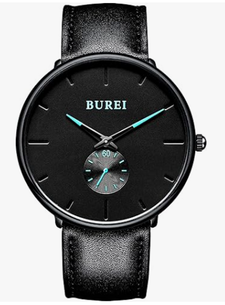 ساعة رجالية من BUREI – كوارتز أنالوج بتصميم بسيط وأسود، نحيفة للغاية، بحزام شبكي من الستانلس ستيل