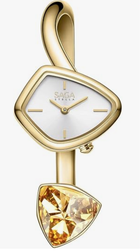 ساعة SAGA Phantom النسائية الفاخرة - سوار ذهبي بتصميم مثلثي، حركة كوارتز يابانية، مقاومة للماء 30م، مع كريستالات دانوب