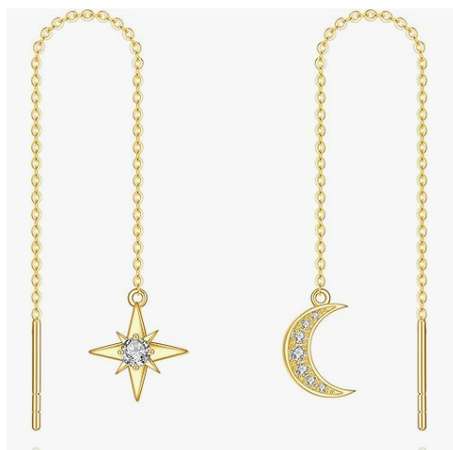 أقراط ذهب أصلي عيار 14 قيراط على شكل هلال ونجمة للنساء – أقراط سلسلة طويلة من الذهب الأصفر الحقيقي – هدايا عيد ميلاد للزوجة