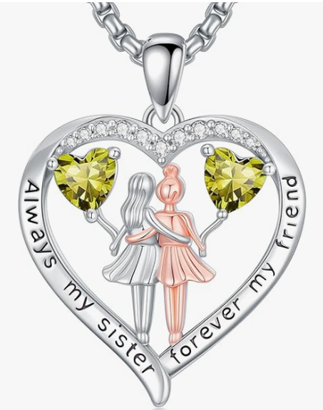 قلادة أختي الحبيبة – حجر الميلاد بشكل قلب وعبارة "أختي إلى الأبد وصديقتي للأبد" – هدية مثالية للمناسبات
