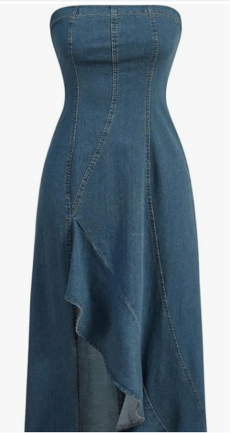 فستان دنيم نسائي بفتحة جانبية عالية من MakeMeChic – بدون أكمام، بتصميم كشكش، بطول متوسط وقصة A-line أنيقة