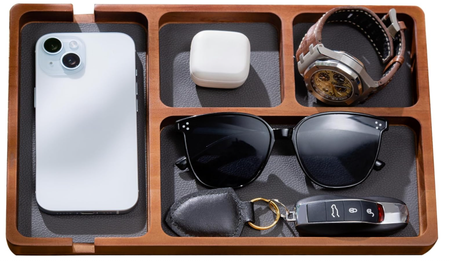 صينية تنظيم خشبية من Shinpuru ببطانة جلدية – منظم لطاولة السرير والمكتب – صينية تجميع لأغراضك اليومية مثل المفاتيح والهاتف والمحفظة والساعة وسماعات الأذن – تخزين أنيق وعصري (خشب)