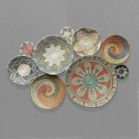 Set of 9 Basket Wall Decor - Boho Wall Art Decor - Wicker Round Bowl - Wicker Wall Tray, Bohemian Wall Decor - Hanger Wall Plate