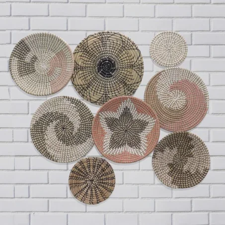 Set of 8 Basket Wall Decor - Boho Wall Decor - Boho Wall Art - Wicker Round Bowl - Wicker Wall Tray - Bohemian Wall Decor - Hanger Wall Plate