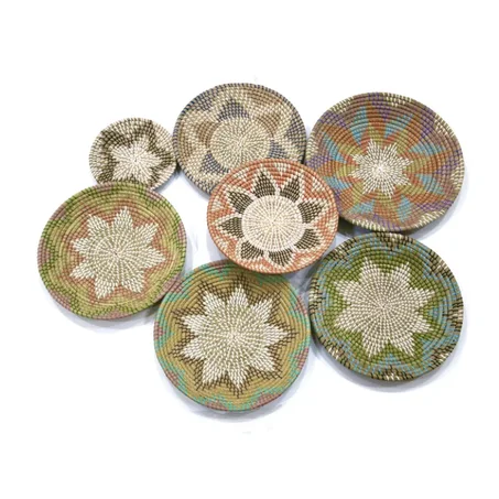 Set of 7 Basket Wall Decor - Boho Wall Art Decor - Wicker Round Bowl - Wicker Wall Tray - Bohemian Wall Decor - Hanger Wall Plate