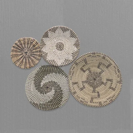 Set of 4 Basket Wall Decor - Boho Wall Art Decor - Wicker Round Bowl - Wicker Wall Tray - Bohemian Wall Decor - Hanger Wall Plate