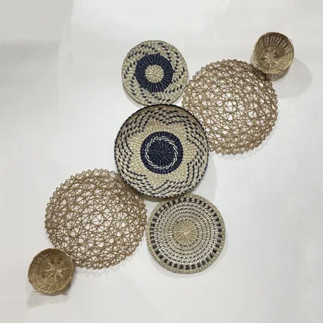 Set of 7 Basket Wall Decor - Boho Wall Art Decor - Wicker Round Bowl - Wicker Wall Tray - Bohemian Wall Decor - Hanger Wall Plate