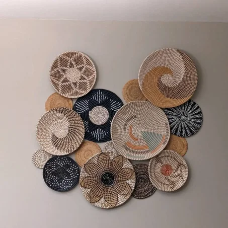 Set of 9 Basket Wall Decor - Boho Wall Art Decor - Wicker Round Bowl - Wicker Wall Tray - Bohemian Wall Decor - Hanger Wall Plate