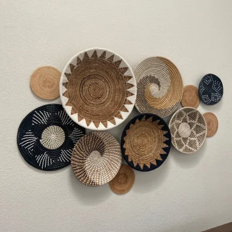 Set of 9 Basket Wall Decor - Boho Wall Art Decor - Wicker Round Bowl - Wicker Wall Tray - Bohemian Wall Decor - Hanger Wall Plate