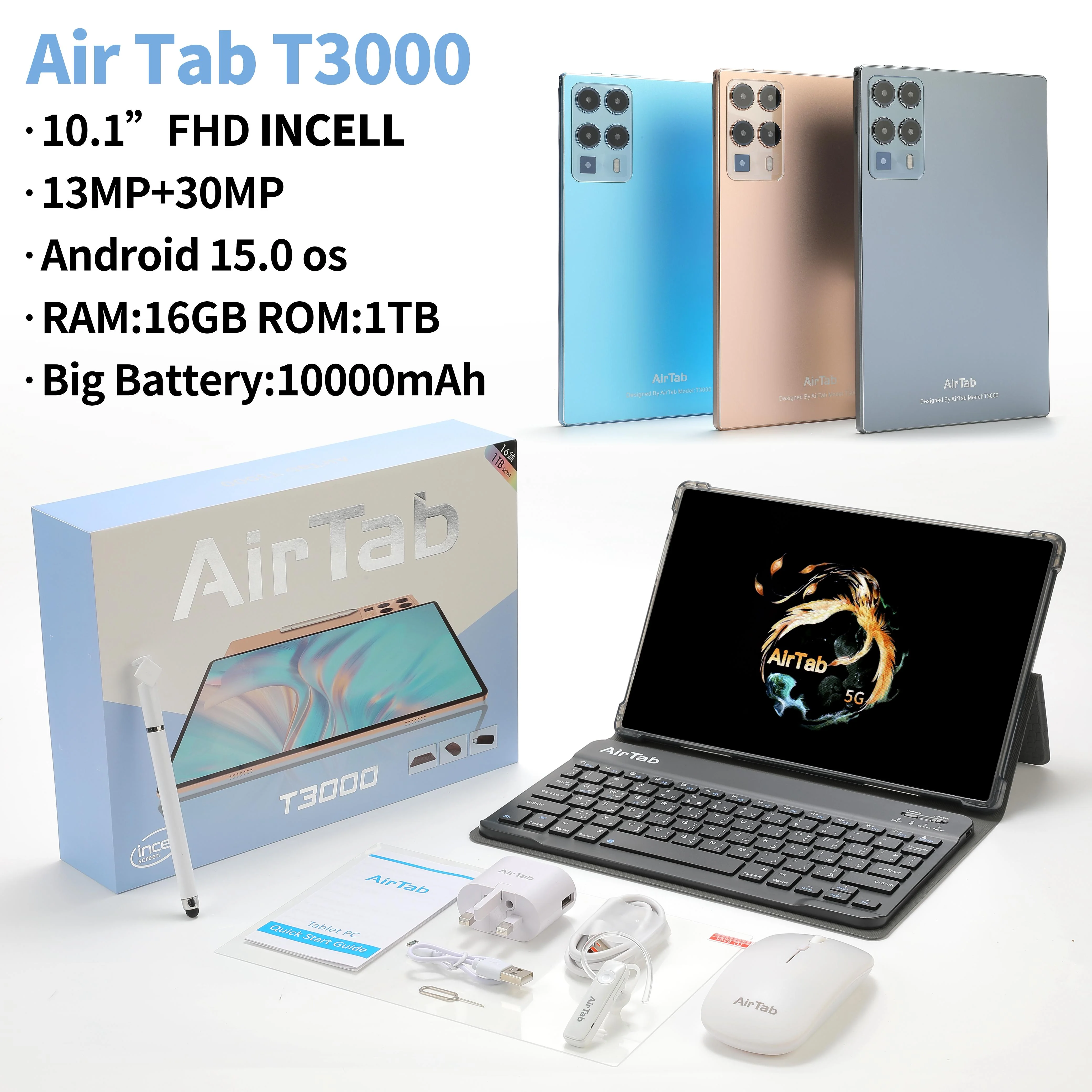 تابلت AirTab T3000 10.1" مزود بكيبورد وماوس وقلم  ضمان 6 شهور + سماعة هدية