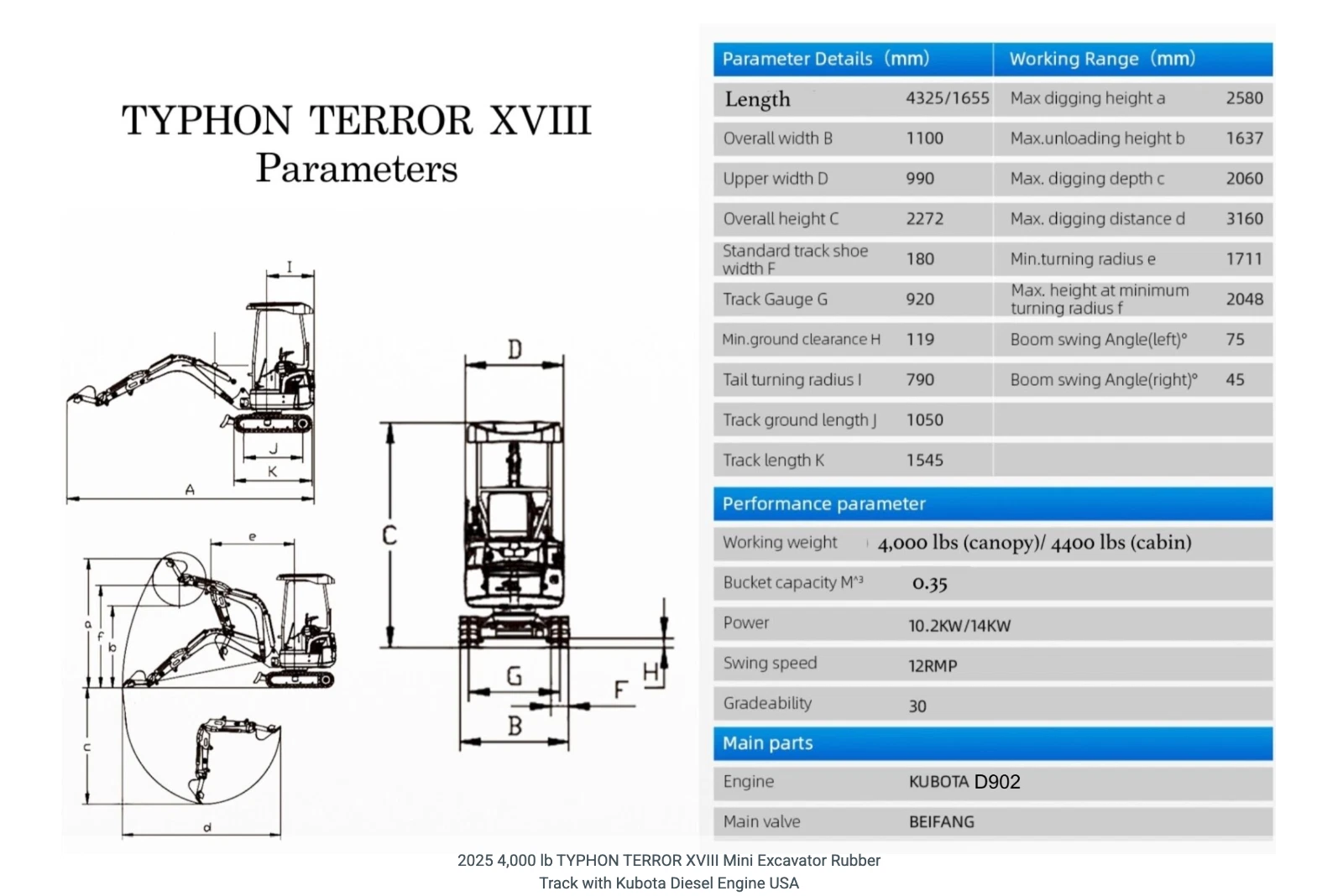 4,000 lbs Terror XVIII Mini Excavator, EPA Certified KUBOTA D902 Diesel Machine - KUBOTA
