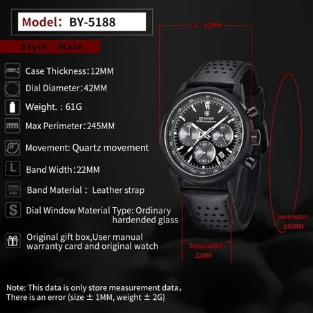 Benyar montre sport marque hommes montre à Quartz 42mm Vintage mode cuir 50M étanche