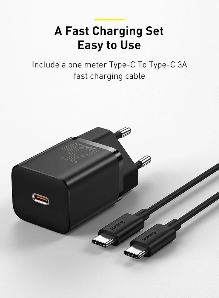 Chargeur Baseus 25W Charge Rapide PD + Câble Type-C vers Type-C 3A 1m (Noir)