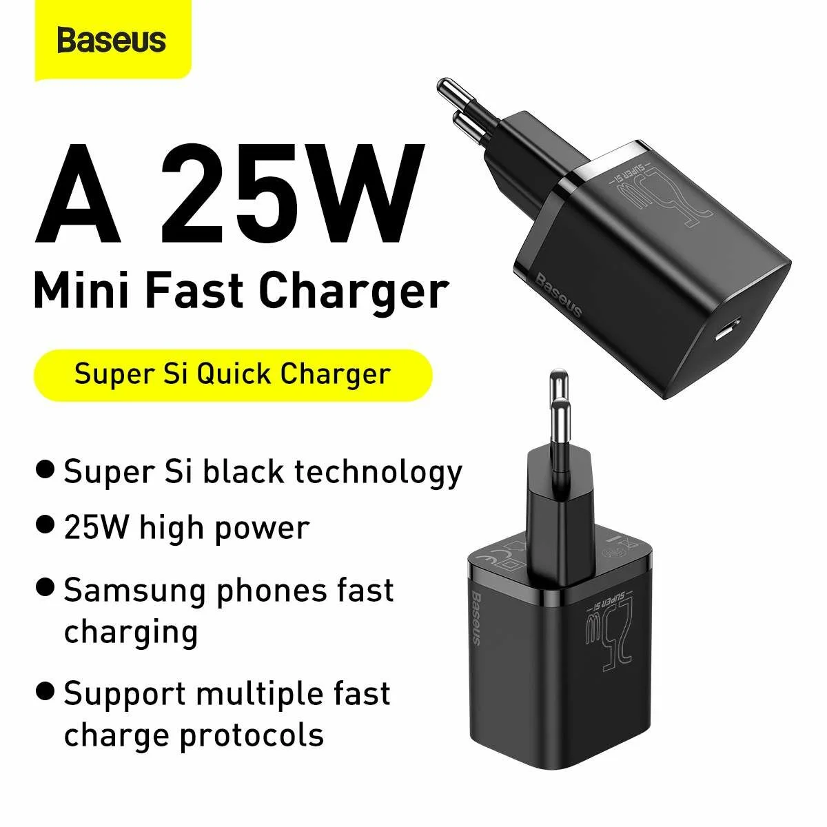 Chargeur Baseus 25W Charge Rapide PD + Câble Type-C vers Type-C 3A 1m (Noir)