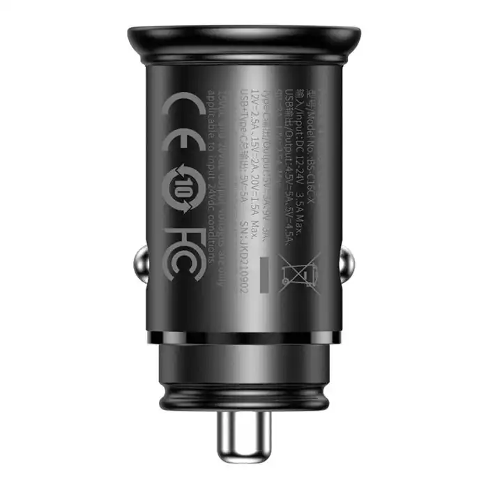 Chargeur Voiture Baseus 30W Métal – USB-A + USB-C Charge Rapide (Noir)