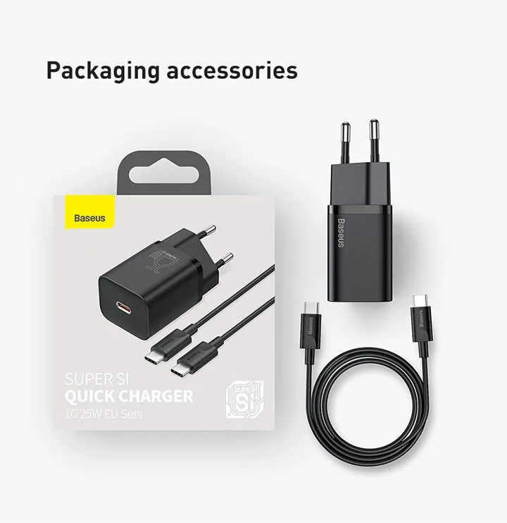 Chargeur Baseus 25W Charge Rapide PD + Câble Type-C vers Type-C 3A 1m (Noir)