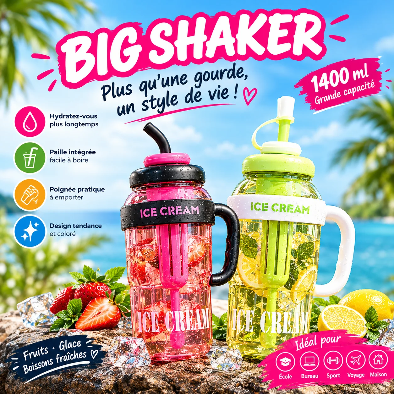 BIG SHAKER™ — Gourde 1400 ML avec Paille