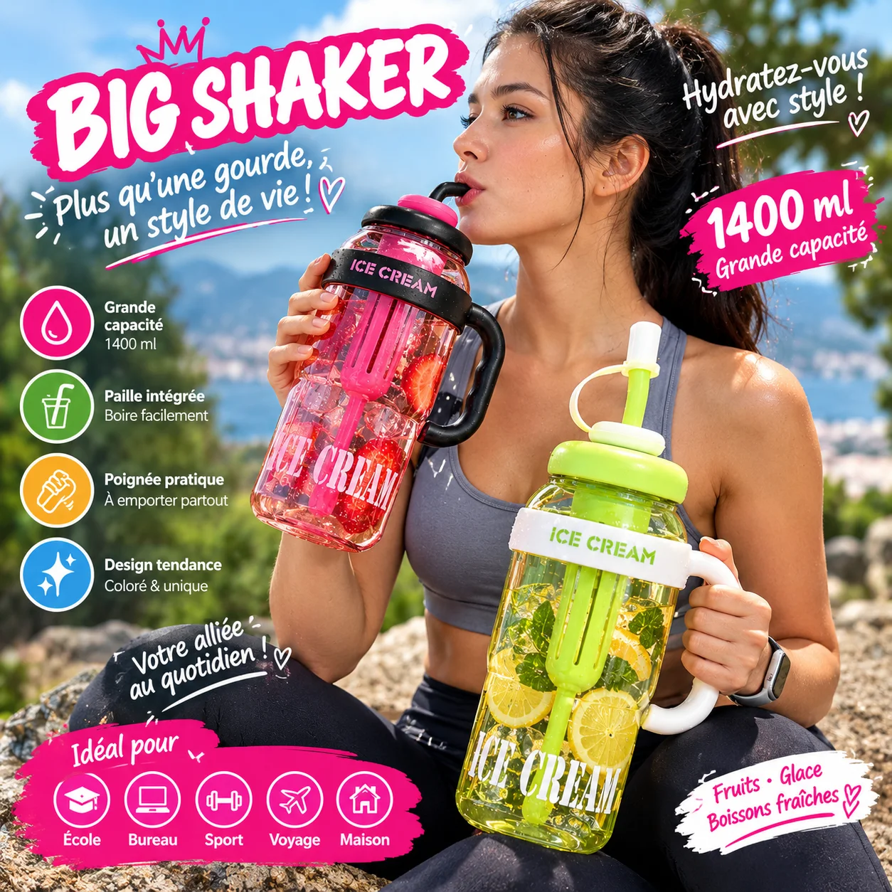 the BIG SHAKER™ — Gourde 1400 ML avec Paille