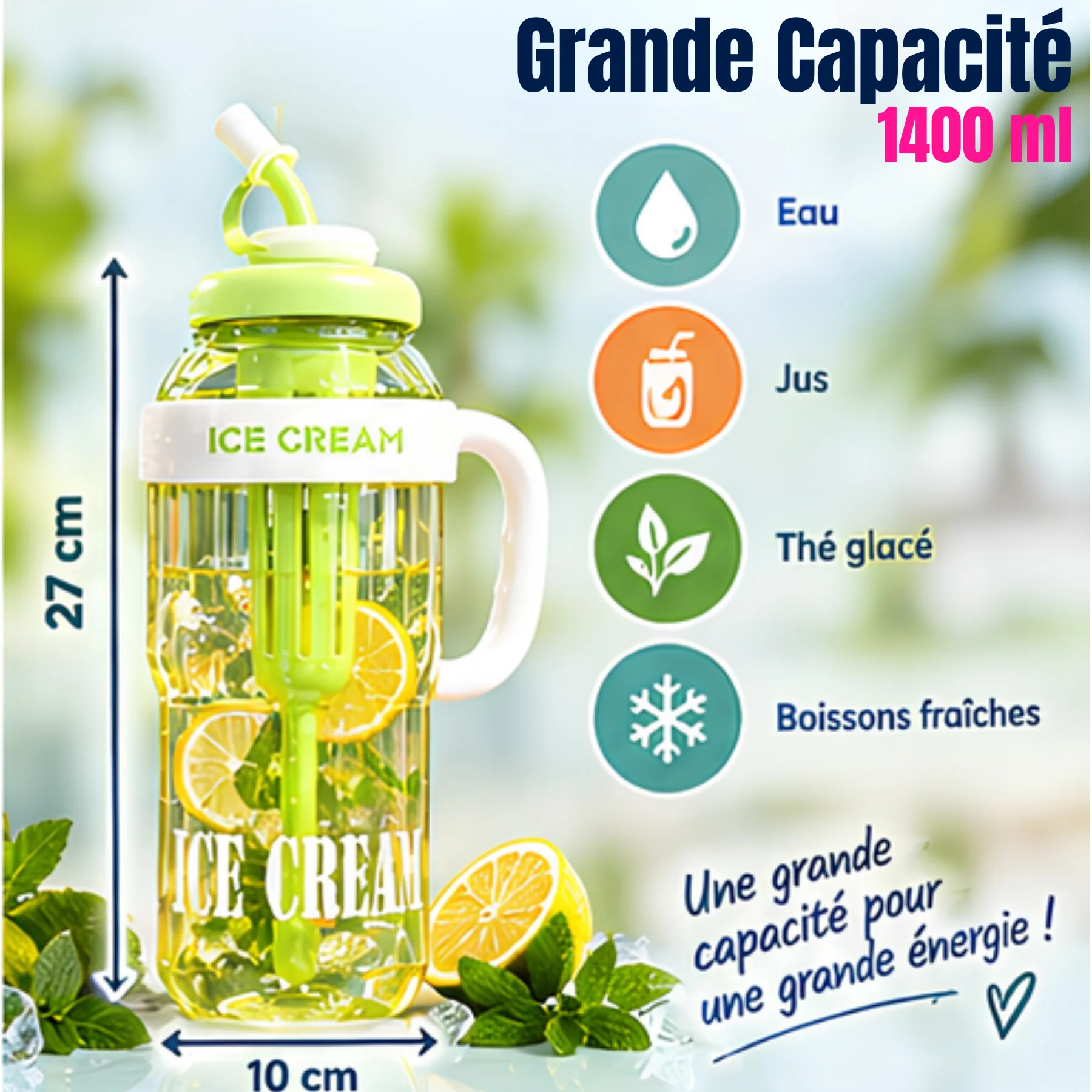 BIG SHAKER™ — Gourde 1400 ML avec Paille