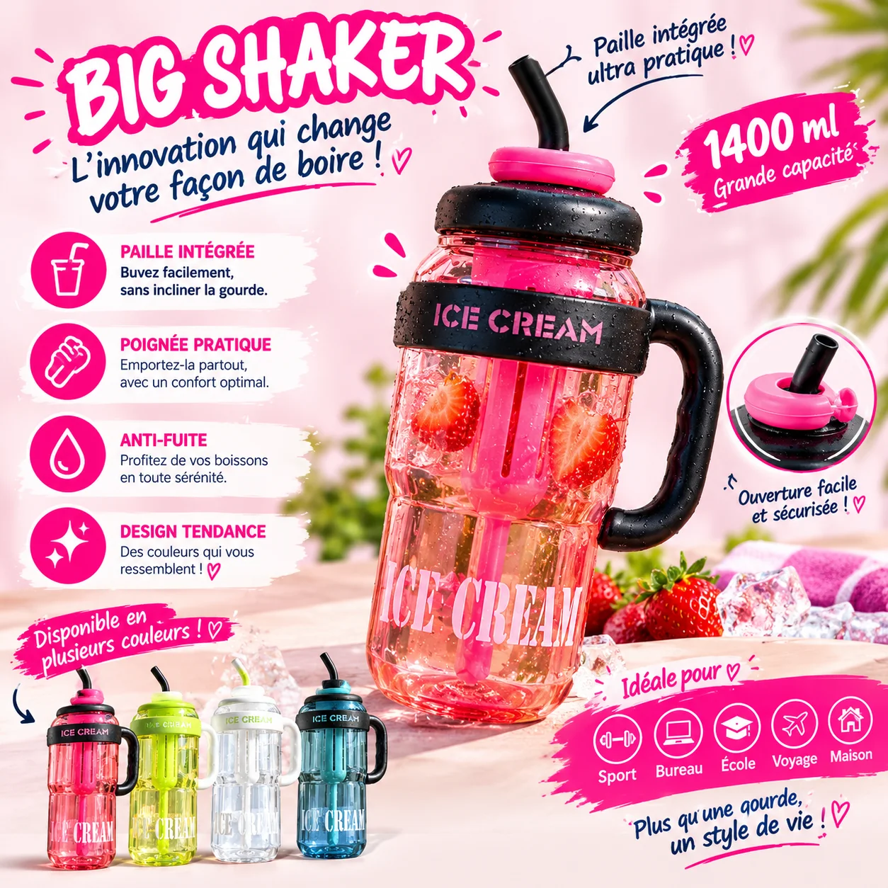 BIG SHAKER™ — Gourde 1400 ML avec Paille