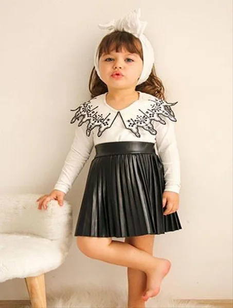 JELIBOOM ENSEMBLE BLOUSE À COL EN FORME DE JUPE EN CUIR