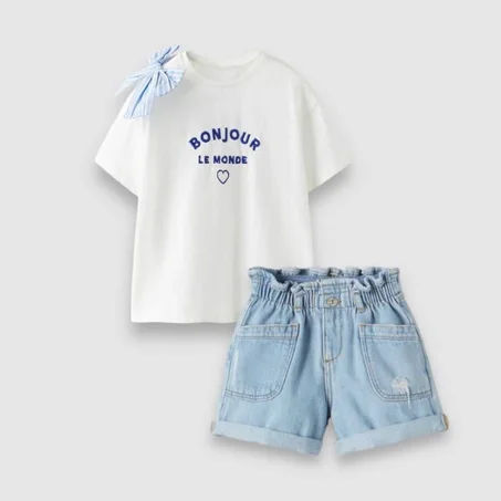 Ensemble haut en bas Bonjour pour fille avec t-shirt en coton et short en jean avec détail de ruban