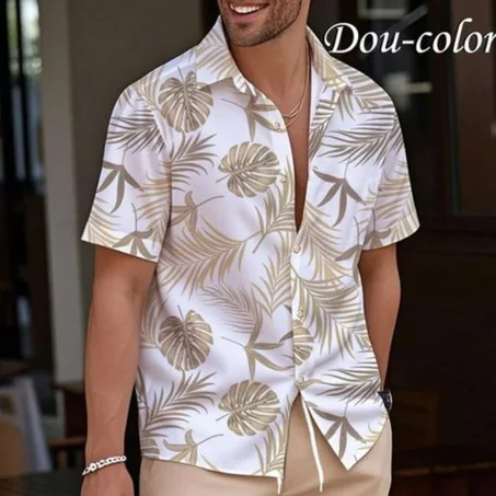 Dou-color Homme 2-en-1 Hawaiian style casual chemise shorts - blanc marron