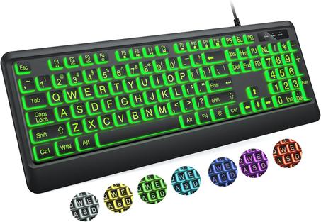 Teclado de impresión grande – 7 colores de retroiluminación intercambiables, teclado de computadora con cable USB, enchufe y uso USB, soportes plegables, teclado de tamaño completo con cable
