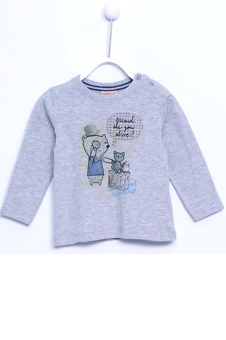 تي شيرت رمادي بطبعة وأزرار كبس وأكمام طويلة رضع ولادي