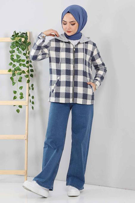 جاكيت قميص كحلي بمربعات نسائي